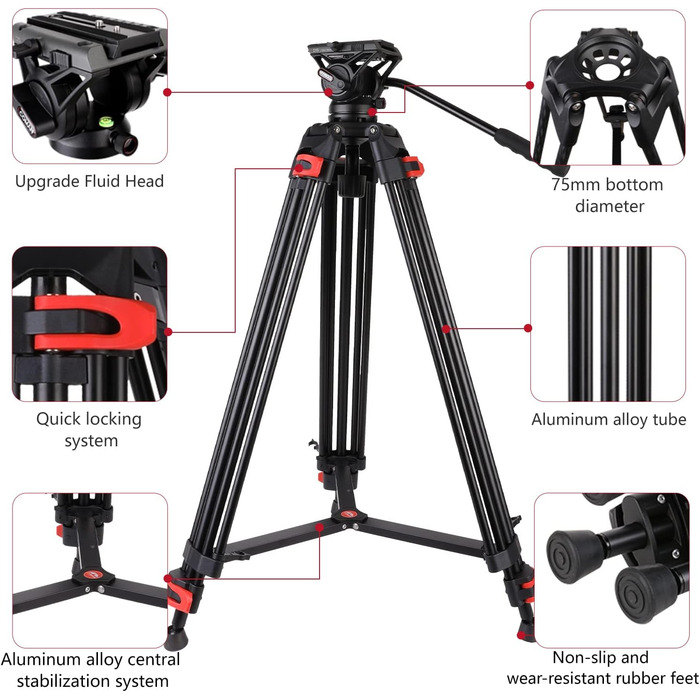 Штатив для камери COMAN 186 см з алюмінію - тринога з поворотним кріпленням 360° та нахилом ±90°, відеоштатив, сумісний з DJI Rs, Manfrotto, максимальне навантаження 10 кг (Q5)