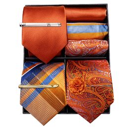 Набір краваток Barry.Wang для чоловіків з візерунком пає, тканина - шовк, з чохлом, краваткові затискачі, формальний стиль (оранжево-смугастий)