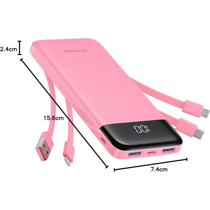 Power Bank Charmast 10000mAh з 6 виходами, USB-C, LED-дисплеєм, 4 кабелями, для iPhone, Huawei, Samsung