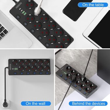 Мережевий фільтр HEEKIM з USB, 11 розеток, 2 USB-A та 2 USB-C, 4000W, 16A, з індивідуальним вимикачем, 2м кабель, для дому, школи, офісу, чорний