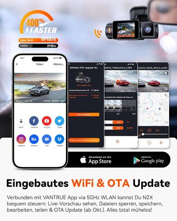 Автомобільний відеореєстратор VANTRUE N2X 2.7K+1080P, подвійна камера, HDR нічне бачення, GPS, Wi-Fi 5ГГц, додаток, голосове керування, 2'' екран, 24/7 паркувальний режим, G-сенсор, до 1ТБ