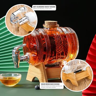 OUGPIU Whisky Decanter, 1000ml Barrel with Tap and Wooden Base, Barrel-Shaped Glass Drink Dispenser with Stopper Corks, Transparent Alcohol Dispenser Set Gifts for Friend, Husband, Father