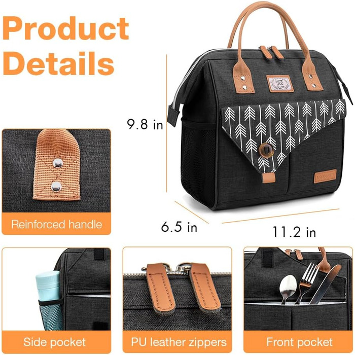 Термосумка Lekesky для жінок: ізольована ланч-бокс, 11л, чорна