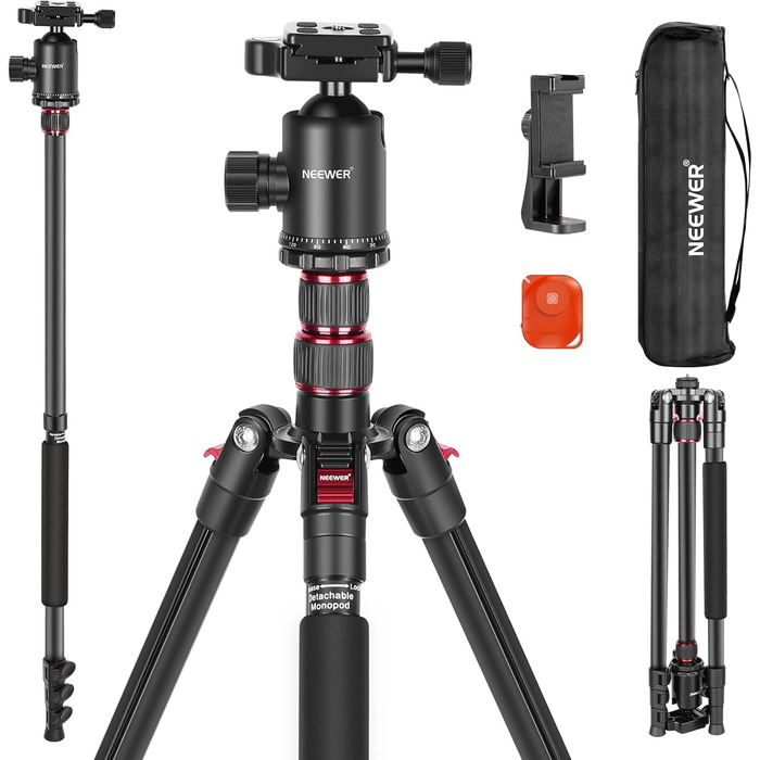Штатив NEEWER 77' з алюмінію, монопод для DSLR та телефону, 360° кулькова головка, 2-осьова центральна колона, Arca QR пластина, сумка, портативний, вантажопідйомність 15,4 кг, TP77