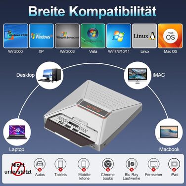 Зовнішній DVD-привід Alxum USB-C 3.0 з картридером SD/TF та додатковим USB-портом для ноутбука, DVD/CD запис та читання, Plug & Play, сірий