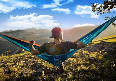 Намет-гамак для 2 осіб, 300x200 см, до 249 кг, ультралегкий, з ременями для дерев, дихаючий, для кемпінгу, подорожей, туризму, саду (синій/темно-синій/оранжевий)