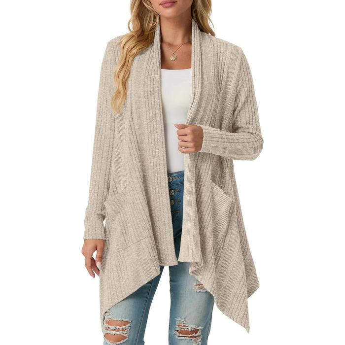 Жакет GRECERELLE з довгими рукавами, легкий в'язаний кардиган з кишенями, м'який, з асиметричним кроєм (S, Бежевий)