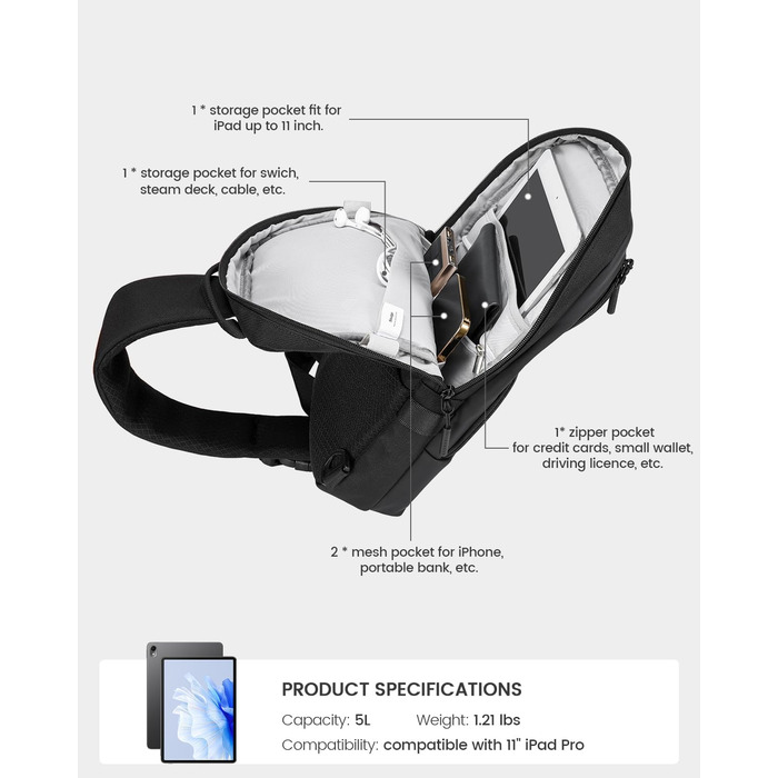Чоловіча та жіноча сумка через плече Soulgo EDC, компактна, водонепроникна, для планшету 11 дюймів (iPad), чорна
