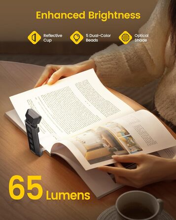 Лампа для читання Glocusent з кріпленням-прищіпкою, 5 режимів яскравості, 3 кольори, таймер, нічник, 65 lm, USB-зарядка, сірий колір
