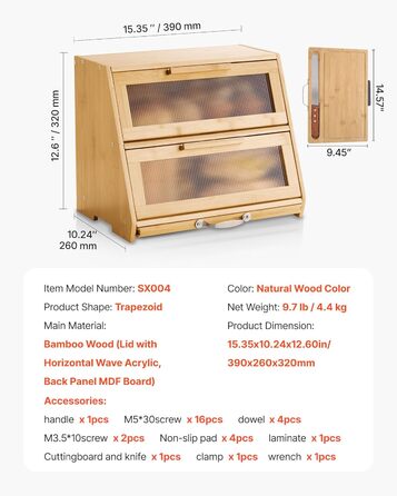 Двошаровий дерев'яний контейнер для хліба VEVOR - Brotkasten з акриловою кришкою для зберігання домашнього хліба