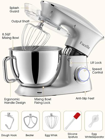 Facelle 2000W 8.5L Stand Mixer - Heavy Duty Dough & Bread Machine with Whisk, Dough Hook, Beater & Splash Guard for Baking Cakes, Cookies & Kneading - 6+ Speed (Silver)