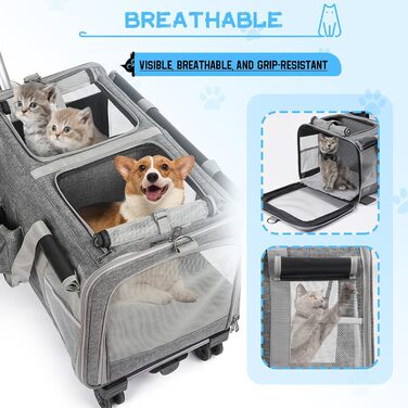 Велика переноска для тварин з двома відділеннями та колесами для кота/собаки, знімна та складана переноска для 2 котів до 20 кг, вентильована переноска-рюкзак для котів для подорожей/походів/кемпінгу