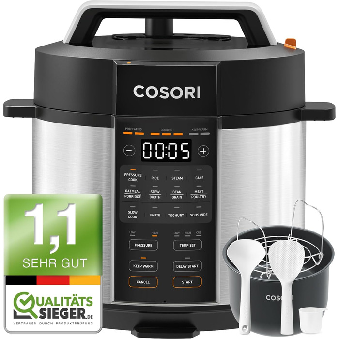 COSORI Pressure Cooker, 9-in-1, Multi-Cooker with 14 Functions, 5.7L Pressure Cooker, Rice Cooker, Steamer, Yogurt Maker, Slow Cooker, and Sous Vide, Saute Pan, Recipe Book, Stainless Steel
