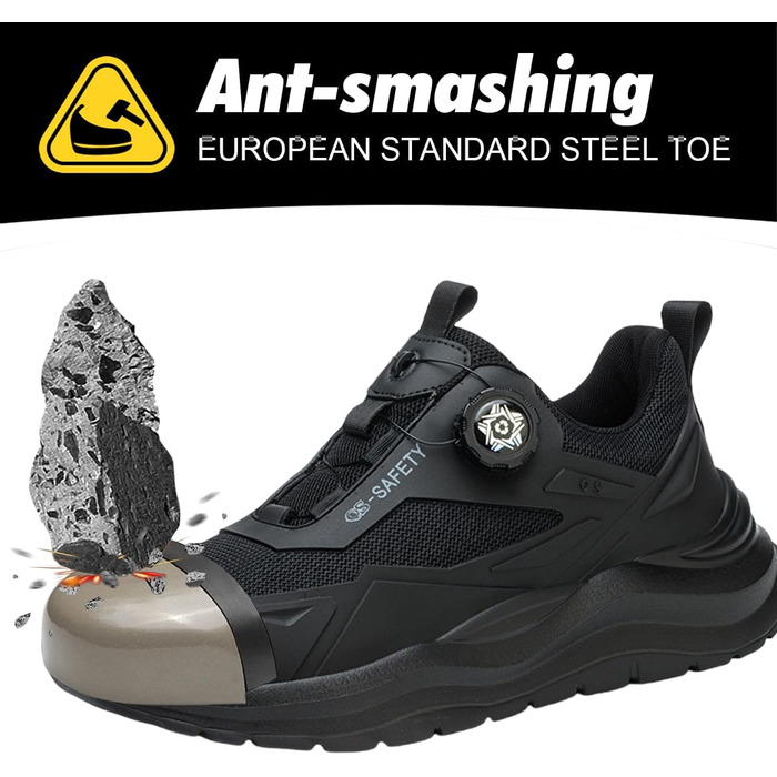 Робочі черевики чоловічі/жіночі, захисні черевики зі сталевою капами, легкі, неслизькі, дихаючі, водонепроникні, літні, чорні. Розмір 47 EU (відповідає 46.5 M105)