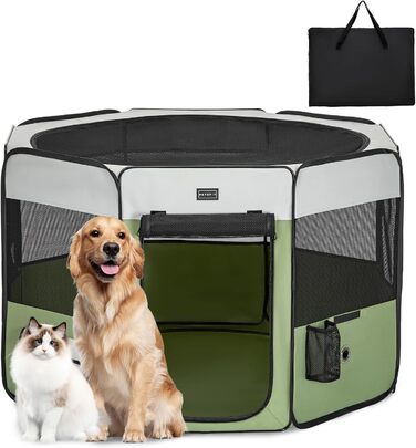 PETSFIT Розкладний вольєр для цуценят та дрібних тварин, вольєр для собак та котів, сірий/зелений, 116*106*70 см