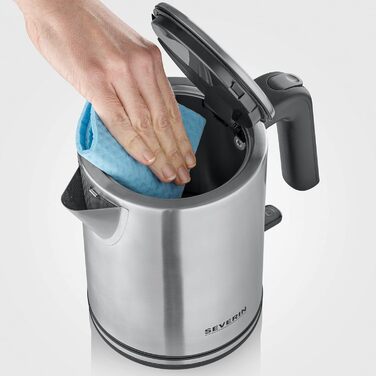Електричний чайник SEVERIN 1 л з індикатором рівня води, фільтром від накипу, великим соплам, потужністю 2400 Вт, срільно-чорний колір, нержавіюча сталь, WK 3489