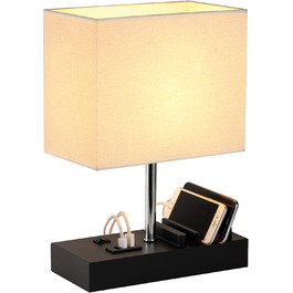 Настільна лампа Dreamholder з 3 USB-портами (A+C), підставкою для телефону, для спальні, вітальні, офісу, з натуральним дерев'яним цоколем та тканинним абажуром (чорний цоколь)