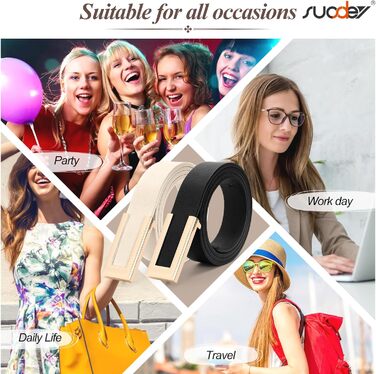 Жіночий тонкий шкіряний ремінь SUOSDEY з золотистою пряжкою (2 шт.), чорний+бежевий, 100 см, розмір талії 70-84 см