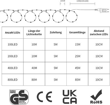 Гірлянда світлодіодна Gresonic 100/200/300/400 LED, струмопровідна, для дому та вулиці, тепле біле світло, 100 LED