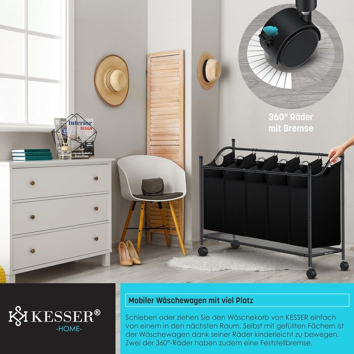 KESSER® Laundry Basket, Laundry Collector, Laundry Sorter with 3 Removable Fabric Bags | 3 Compartments x 35 Liters | Laundry Box with 12 Laundry Instructions, 360° Swivel Wheels with Brake, Laundry Sorting System, Laundry Cart, Beige