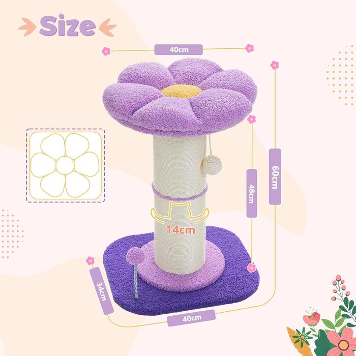 Flower Cat Tree - Small Cat Tree for Indoor Cats with Super Thick Scratching Post [Dia=14cm], Detachable Flower Cat Bed, Feather Ball - (Purple)