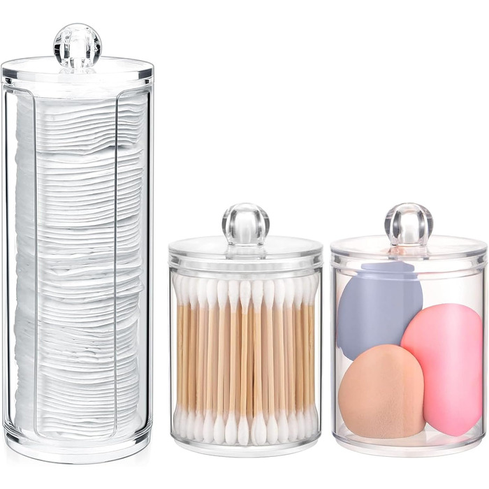 Органайзер для косметики 3 шт. – диспенсер для ватних дисків та контейнер для ватних паличок з кришкою – прозора акрилова коробка для туалетного столика, ванної кімнати та спальні – система зберігання макіяжу