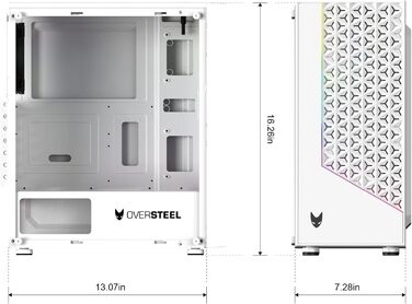 Oversteel Iridium - Комп'ютерний корпус для ігор, білий, з вентилятором A-RGB 120мм, сумісний з ATX/Micro ATX/ITX, сітчаста передня панель, 2 фільтри пилу, загартоване скло, USB 3.0