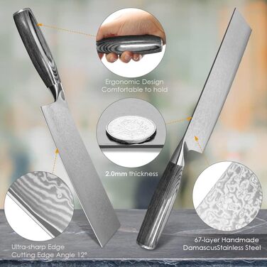 Набір кухонних ножів Damast: професійний ніж для м'яса, ніж шеф-кухаря, ручна робота, з нержавіючої сталі Damast, з антиковзним дерев'яним руків'ям, подарункова коробка