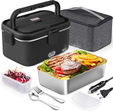 AUTOPkio Electric Lunch Box 1.8L 80W, 12V 24V 220V Large Heated Food Warmer with Bag, Stainless Steel Fork, Spoon for Car, Truck, Office (Black)