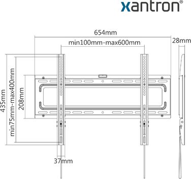 Кронштейн для телевізора Xantron STRONGLINE похилий 37-75 дюймів VESA 100x100 до 600x400, до 75 кг, плоский, з монтажним комплектом