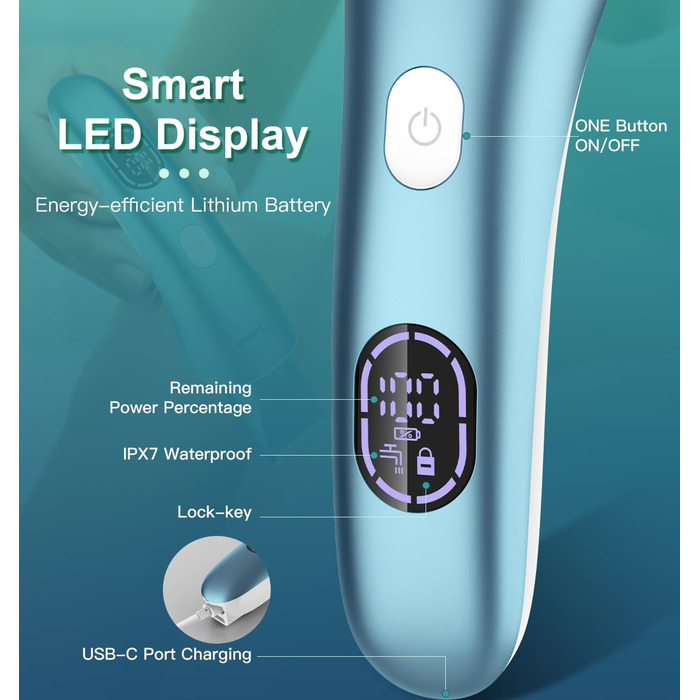 Електричний епілятор Hatteker 3-в-1 для жінок: тример, брітор та епілятор. З LED-дисплеєм, IPX7, USB-зарядка (Блакитний)