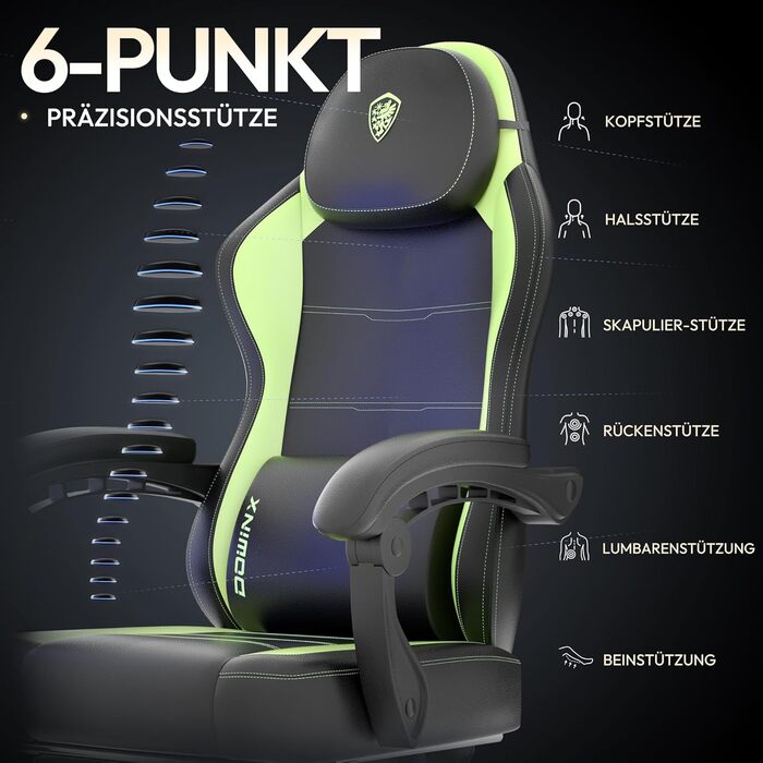 Ігровий крісло Dowinx з PU-шкіри, ергономічний дизайн, масаж, підтримка попереку, до 150 кг, світло-зелений