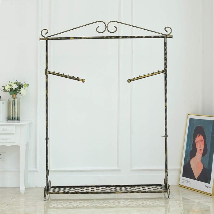 Clothes Rack Clothes Rail Coat Rack with Shoe Storage, Width 136cm, Vintage Style Metal Height Adjustable from 126 to 200 cm (Bronze Black)
