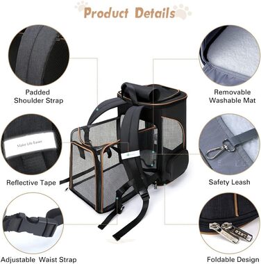Розширюваний рюкзак для кота та собаки Lekesky, чорний, 33 x 29 x 38 см