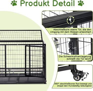 Міцна переносна клітка для собак, 109x76x87 см, 2 двері, фіксуючі колеса, знімний піддон – для середніх та великих собак, чорна