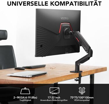 Кронштейн для монітора KOORUI KR20Y з газліфтом для плоских та вигнутих екранів 17-32 дюйми, VESA 75x75 та 100x100 мм, регульований настільний тримач