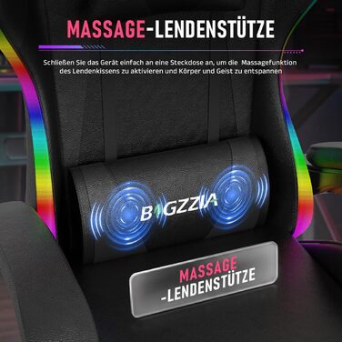 Геймерське крісло Bigzzia з масажем та підставкою для ніг, чорне з LED підсвіткою. Ергономічне крісло для ігор з регульованою спинкою (90-135°), подушкою для попереку та голови.