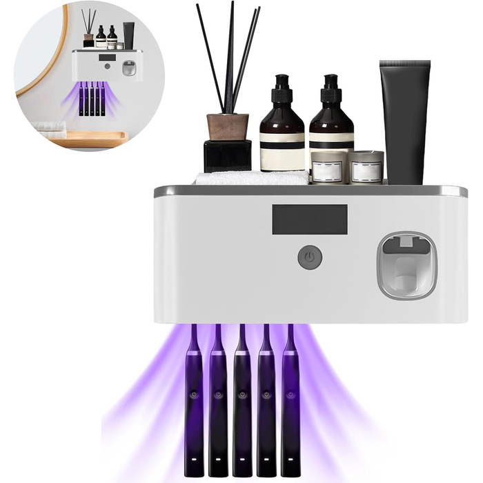 Електричний тримач зубних щіток з дозатором пасти, UV-дезінфекція, настінний монтаж, 2 способи зарядки (золотий/чорний)