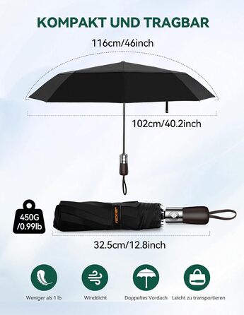 TECKNET Автоматичний парасолька, штормостійкий, легкий у використанні, чорний та червоний