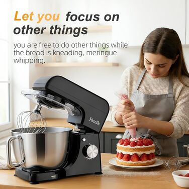 Планетарний кухонний комбайн-міксер 1300W, чаша з нержавіючої сталі 5.5л, 10 швидкостей, з насадками (гак, вінчик, міксер) та захистом від бризок, чорний