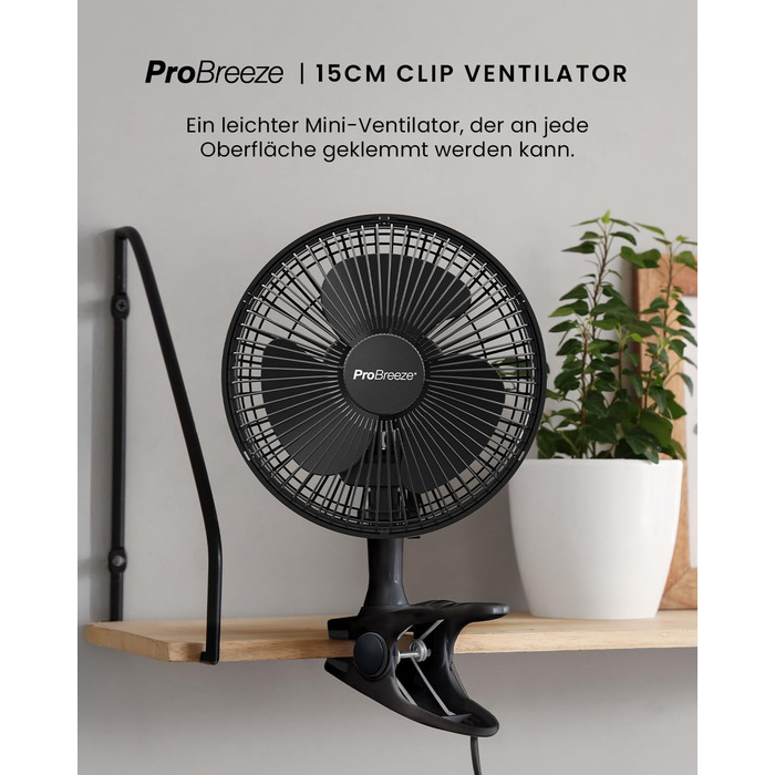 Mini вентилятор Pro Breeze з кліпсою, 20 см, 2 швидкості, тихий, для столу, офісу, кімнати (Чорний)