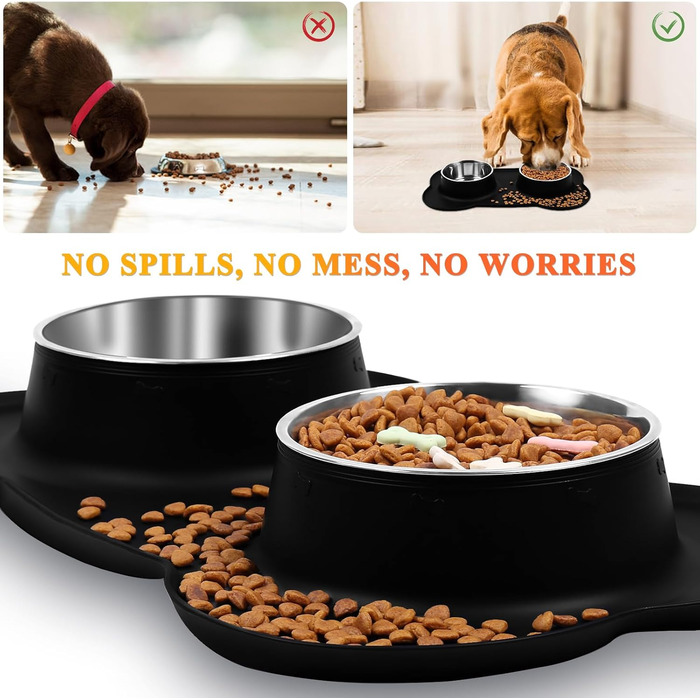 Миска для собак VIVAGLORY Splashfree - нерозливна миска з нержавіючої сталі та силіконовим килимком, 1310 мл, чорна