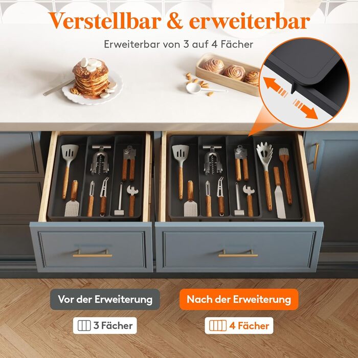 Органайзер для столових приборів Lifewit в шухляду, розширюваний 43.9 см, чорний, 30-44x40x4.6 см