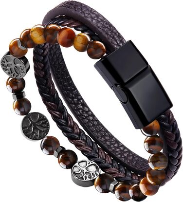 Чоловічий браслет Dochais з нержавіючої сталі та натуральної шкіри з хрестом Ісуса Христа, плетіння з натурального каменю, магнітна застібка, аксесуар для чоловіків (колір: коричневий, розмір: 19 см)