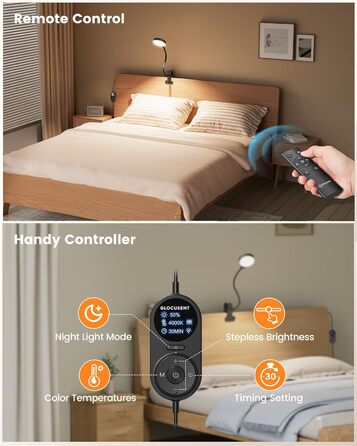 Світлодіодна приліжкова лампа Glocusent з кліпсою, 72 LED, 3 кольори світла, 5 рівнів яскравості, нічник, таймер, захист очей, для читання, роботи (чорна з пультом)