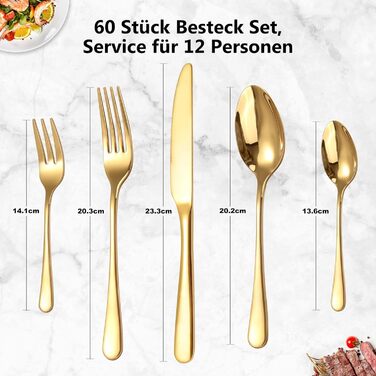 Gold Cutlery Set 12 People, 60-Piece Cutlery Set Gold Stainless Steel, Shiny Gold Cutlery Set with Knife, Fork, and Spoon, High-Quality Table Cutlery, High-Gloss Polished & Dishwasher Safe