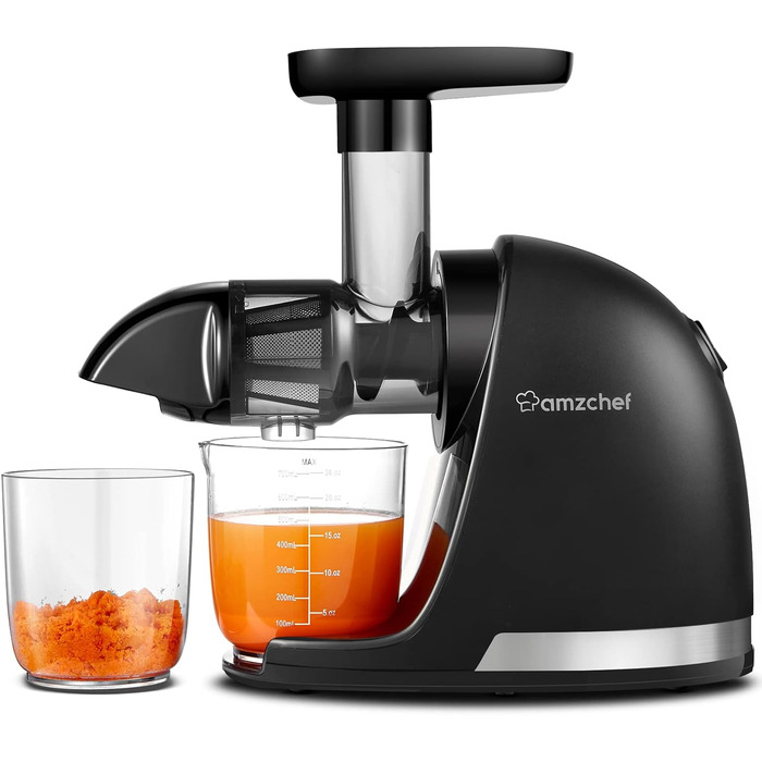 AMZCHEF Juicer for Vegetables and Fruits - Test Winner - Slow Juicer with Reverse-Masticating Function - Gentle Crushing Without Filtering - Electric Juice Press with Brush and 2 Cups - Matte Black