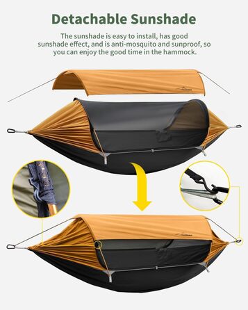 Гамак для кемпінгу 4-в-1 з москітною сіткою та знімним сонцезахистом, 290x140 см, для відпочинку на природі, пікніків, походов та подорожей. Армійний зелений та помаранчевий кольори.