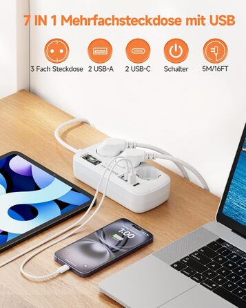 Многорозеткова станція з захистом від перенапруги, 3 розетки, 4 USB (2 USB-C), вимикач, кабель 1,5м, для дому/офісу, білий