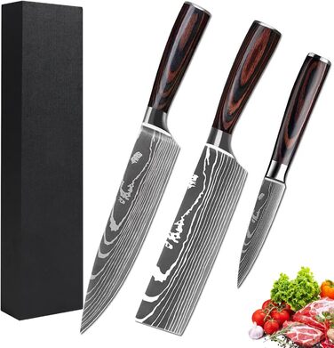 Набір кухонних ножів Camkum 3 шт: кухонний ніж, ніж Nakiri, ніж для фруктів. З нержавіючої сталі EN1.4116, подарункова упаковка